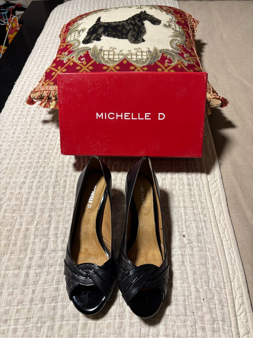 Michelle D Black Open-Toe Woven Front Heels